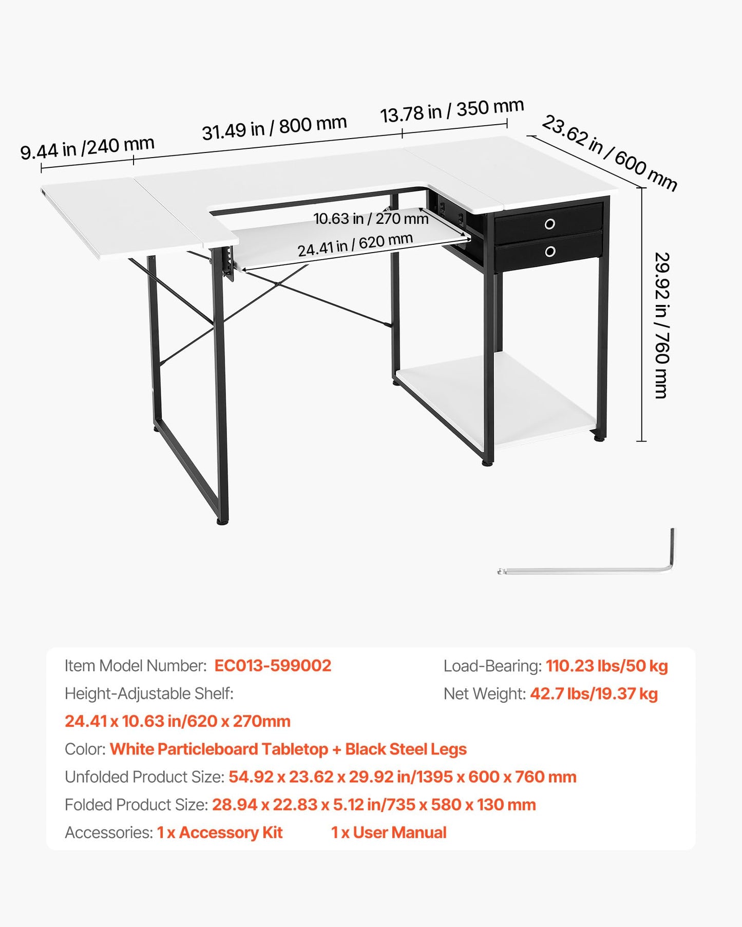 VEVOR Sewing Table, Multipurpose Sewing Machine Table with Foldable Side Shelf, Adjustable Shelf, Steel Legs, Computer Desk for Home, Fashion Studio, Art Studio, Educational Institution, White