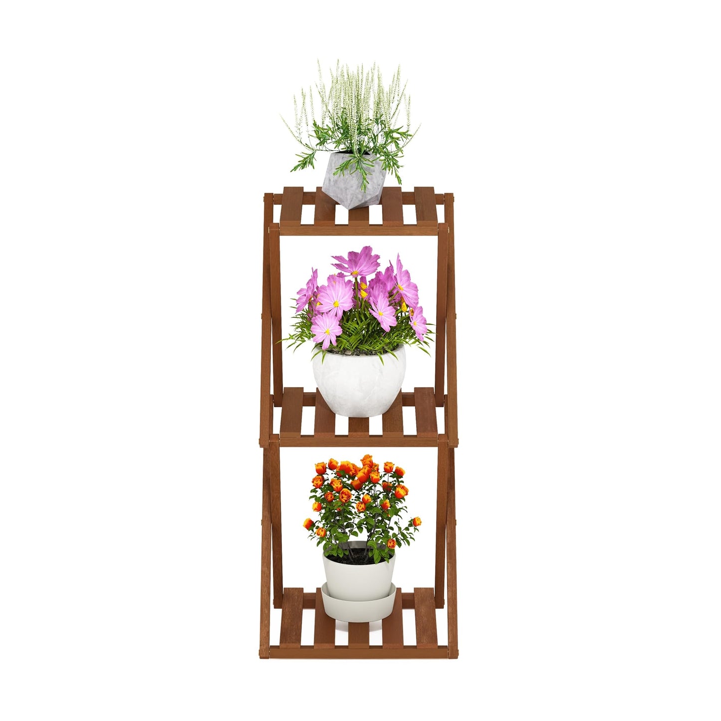 Furinno TIOMAN Patio Table, 3-Tier Outdoor Side Table, Toolless Multipurpose Folding Display Shelf, Plant Stand, for Patio, Garden, Porch, Light Wood