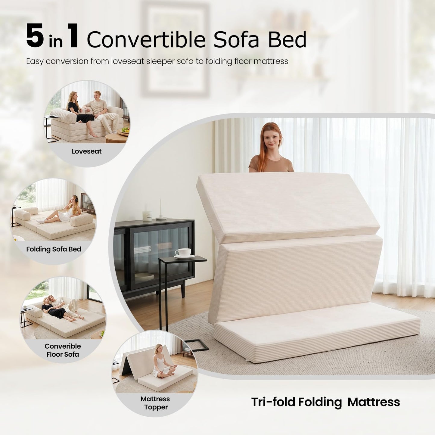 AOLVDOW Convertible Sofa Bed, Tri-Fold Foldable Mattress with Removable Arms & Washable Cover, Portable Mattress Futon Sofa Bed, No Assembly Required & Non-Slip, Queen Size, Beige