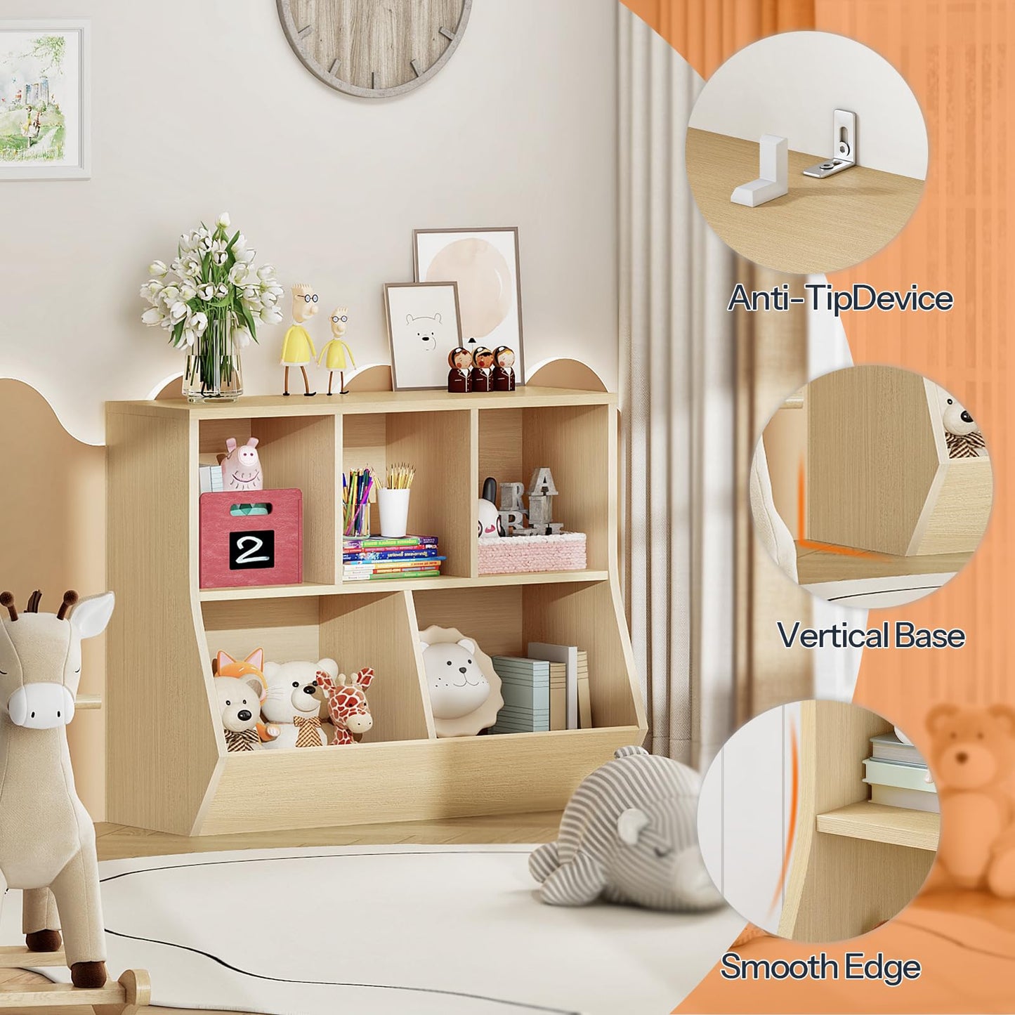 HOOBRO Kids Bookshelf, Bookcase Footboard, Toy Storage Cubby, Children's Toy Shelf, 35.4" L Storage Cabinet, Fit for Children's Room, Playroom, Hallway, Kindergarten, Natural NL32CW01