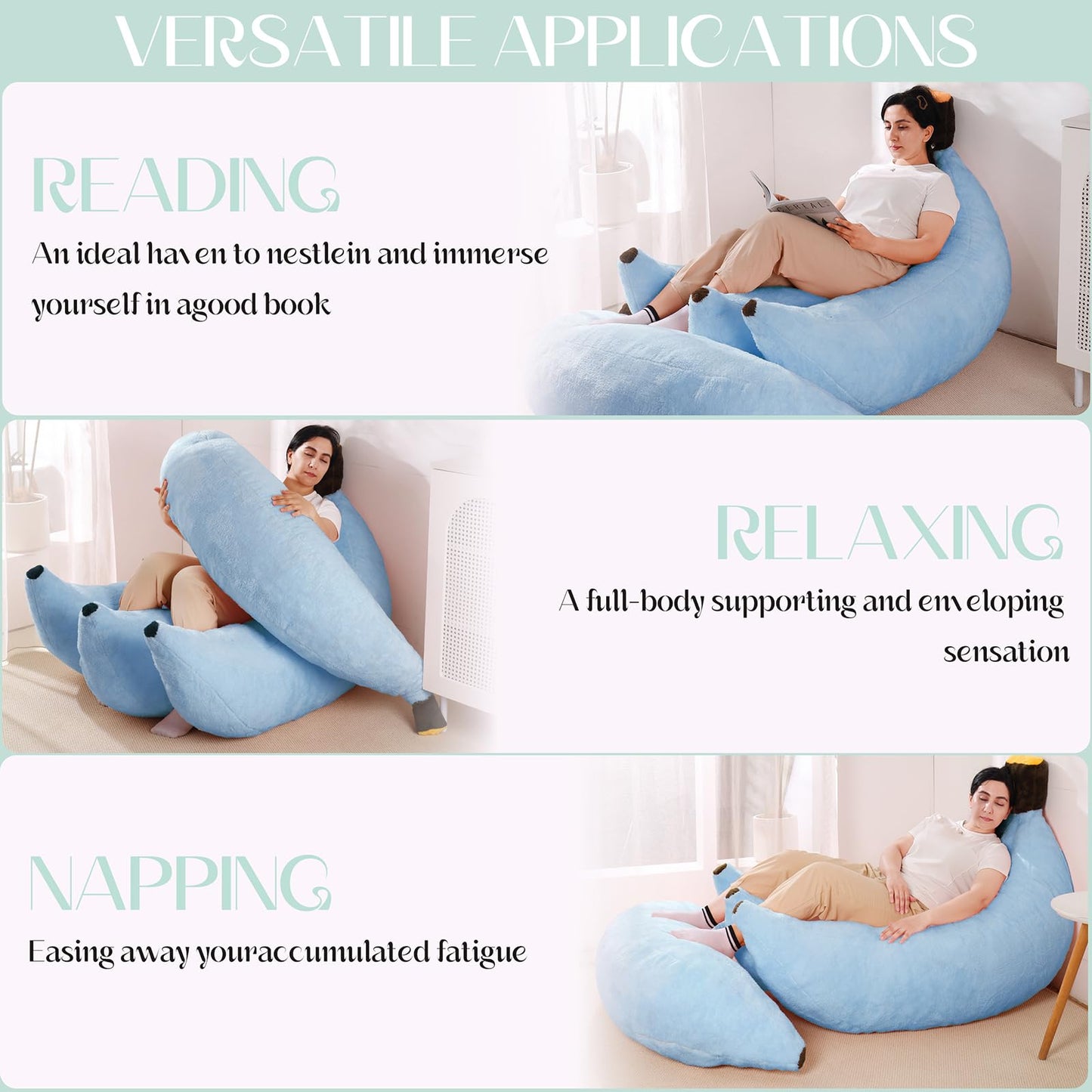 IEVENW Banana Bean Bag Chair with Ottoman, Floor Sofa Bed with Footrest, Comfy Convertible Lounger for Adults, Plush Couch for Bedroom, Living Room or Dorm, L-SkyBlue