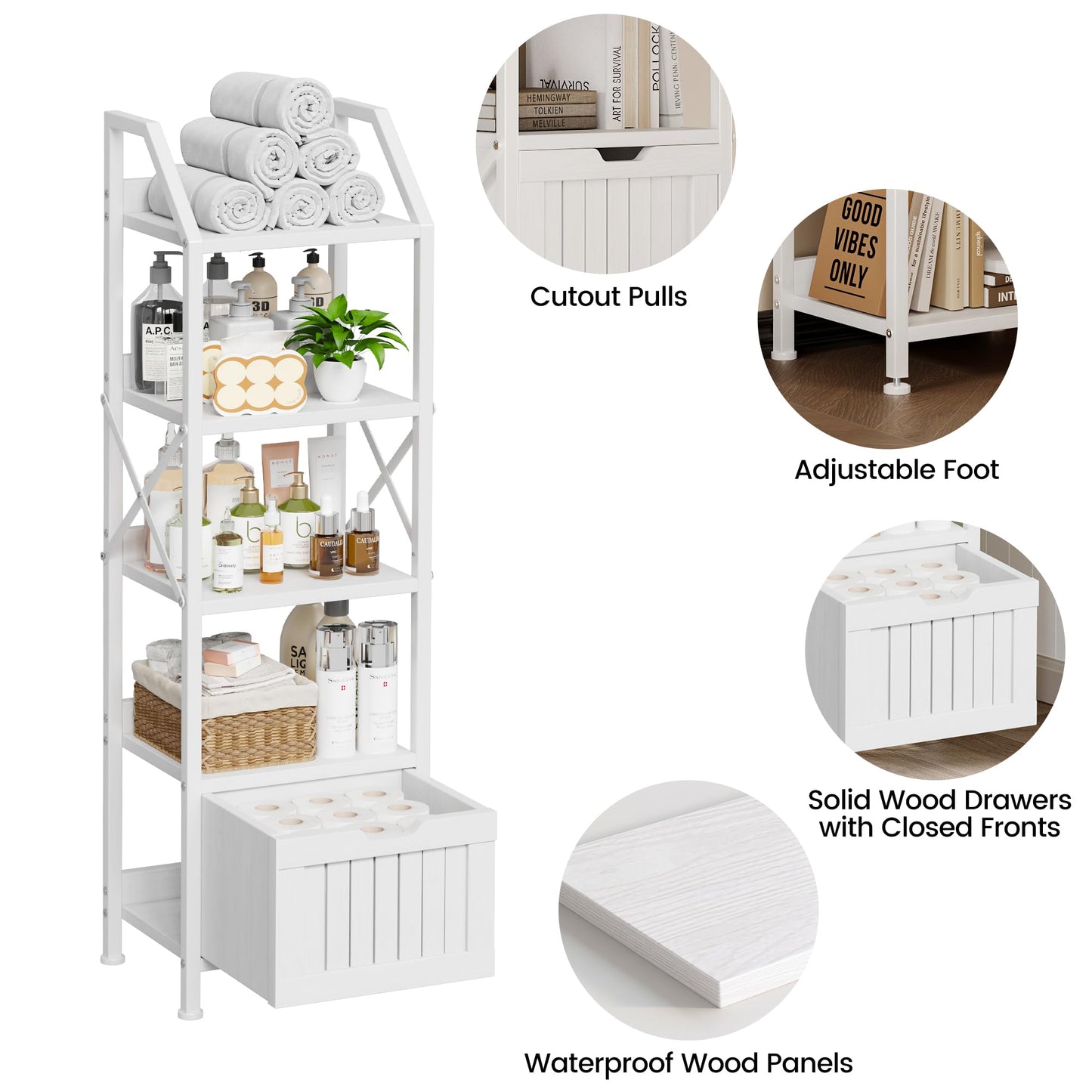Homeiju Bathroom Floor Cabinet, 5-Tier Bathroom Storage Organizer Rack with Drawer, Multifunctional Corner Unit, 47.24 Inches in Height, White