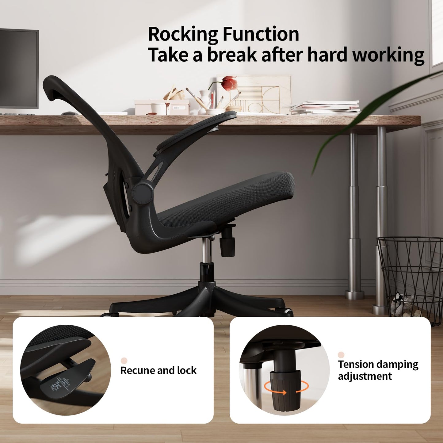 Monhey Office Chair Ergonomic Desk Chair with Lumbar Support&Headrest&Flip-up Arms Height Adjustable Rocking Swivel Computer Chair Multi-Angle from 90° to 125° with 350LBS Capacity