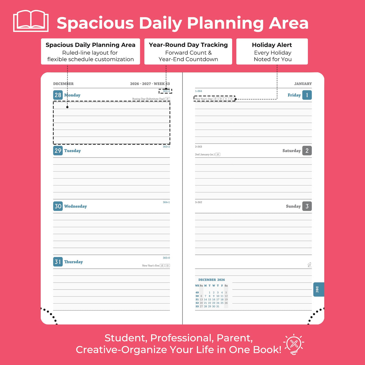 IN-LUXPRO Planner 2026-2027 Daily Weekly and Monthly,6.5"x3.75",18 Months Spiral Bound Calendar Agenda with Self-adhesive Pen Holder,2026 Academic Plan with Vegan Leather Soft Cover,Rose Red