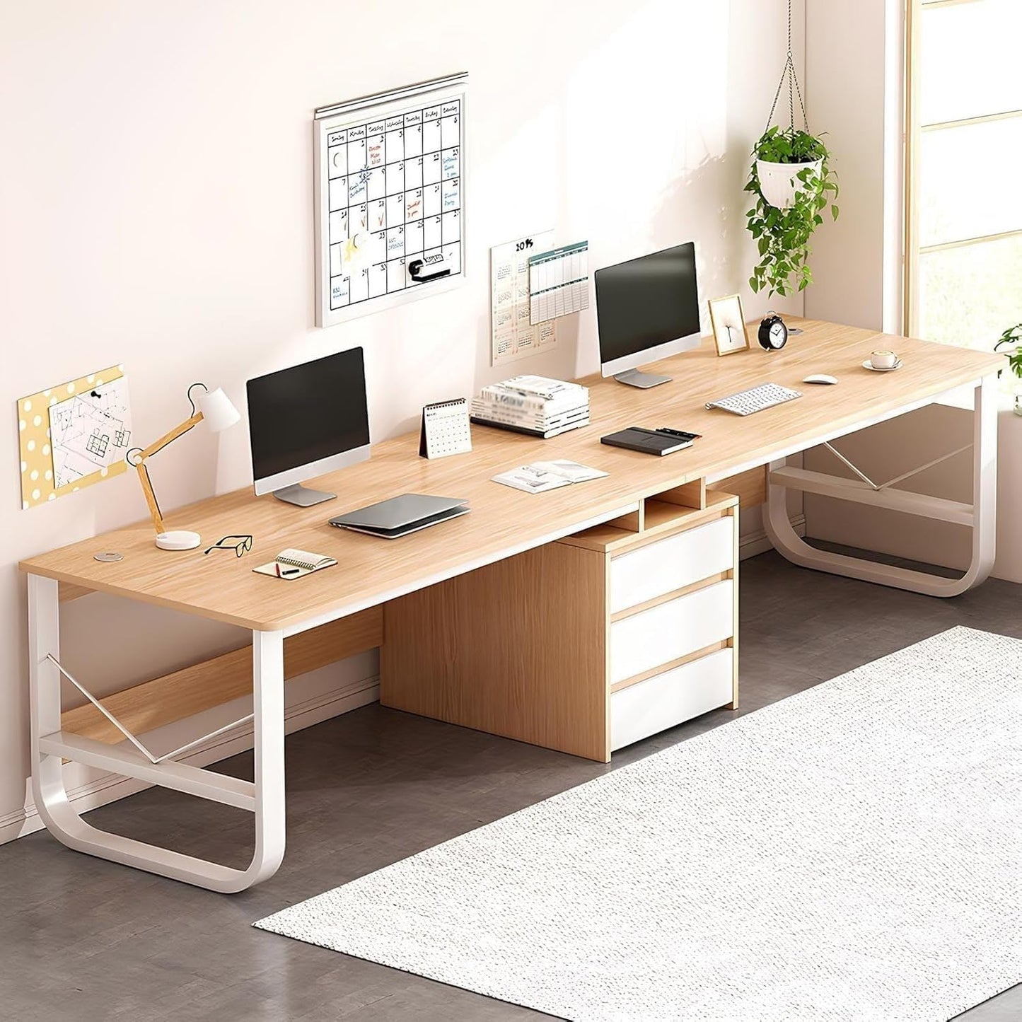 Wall Mounted Folding Table Floating Table Adjustable Steel Bracket,Double Person Office Desk 200CM Long Computer & Gaming Desk with 3 File Drawers Modern Wooden Workbench Ideal for Home & of