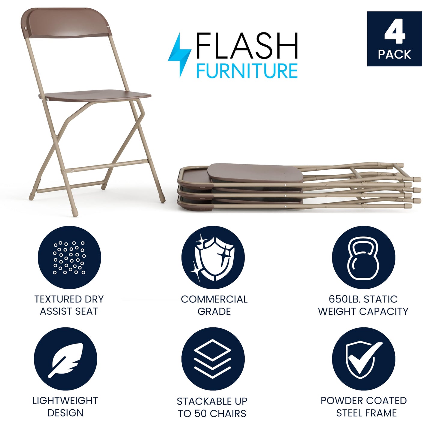 Flash Furniture Hercules Series Plastic Folding Chair - Brown - 4 Pack 650LB Weight Capacity Comfortable Event Chair-Lightweight Folding Chair