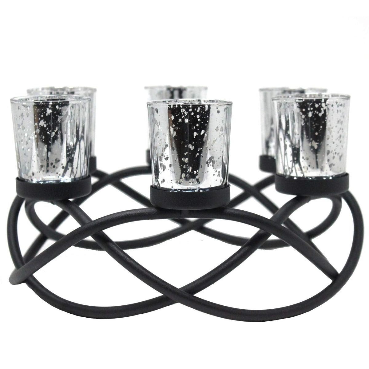 Seraphic Centerpieces for Table Decorations - Round Candle Holders for Outdoor Patio, Dining, Kitchen, Coffee & Wedding Table Decor, Black Iron Candelabra, 6 Silver Glass Votive Tealight Cups