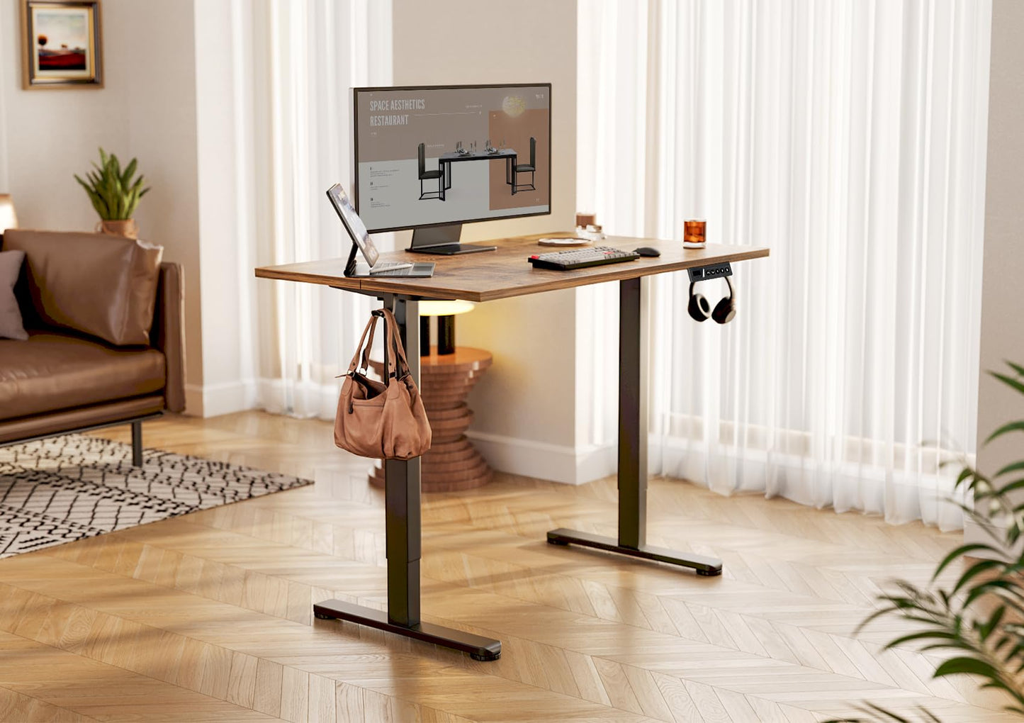 YDN Electric Standing Desk Adjustable Height, 40 x 24 Inches Stand up Desk with Cable Management, Home Office Desks with Splice Board & Black Frame, Rustic Brown Top