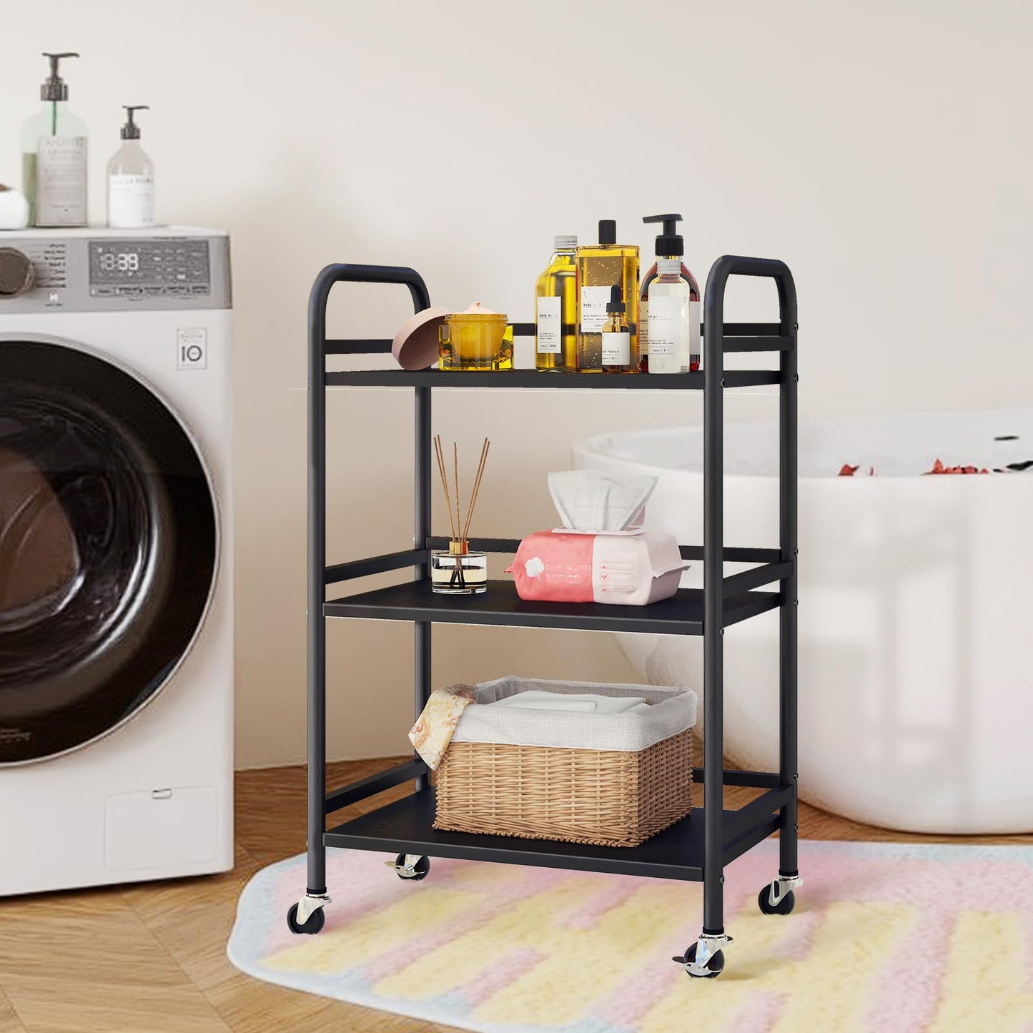 HDANI 3 Tier Rolling Cart Shelves,Heavy Duty Multifunctional Metal Frame-Supports 22 Lbs Per Tier,Rolling Cart with 2 Lockable Wheels for Home,Office,Kitchen,Bathroom,Bedroom,Black