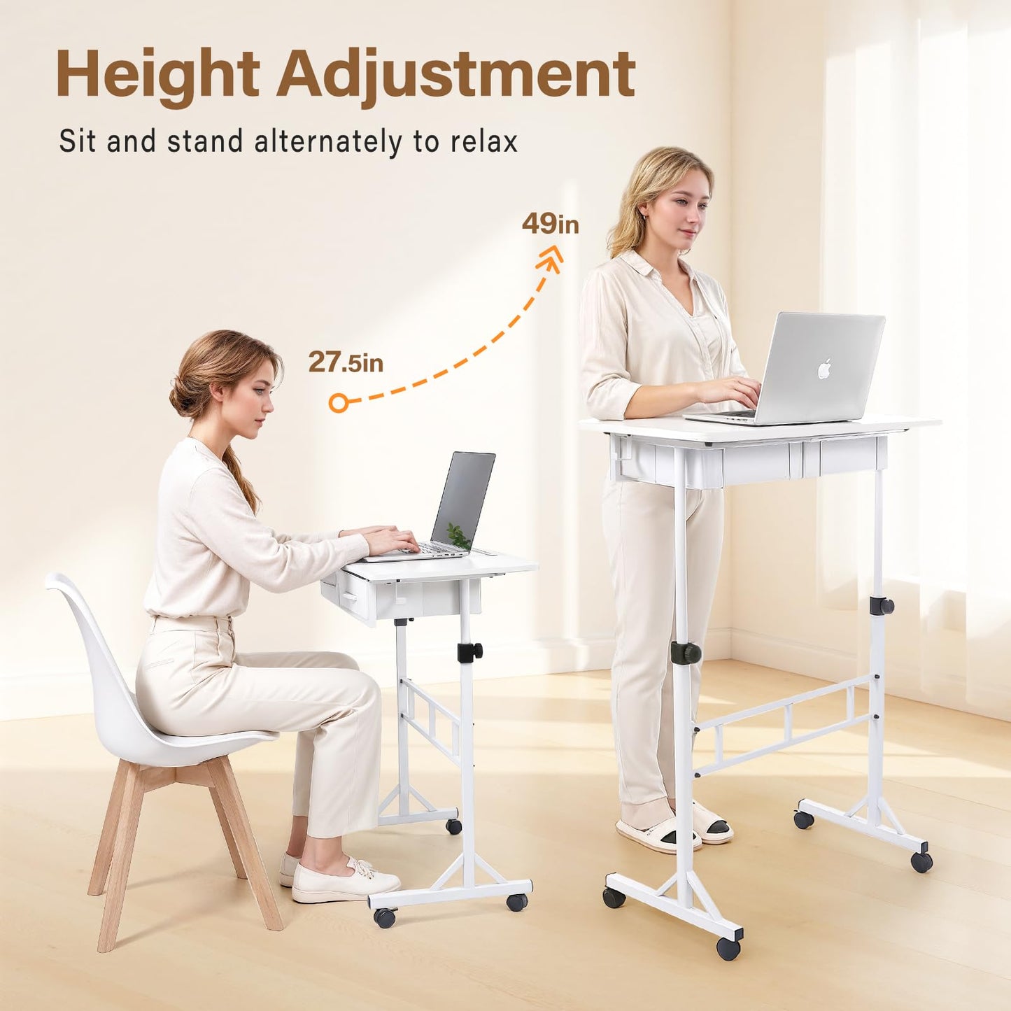 PapeFolicer Small Standing Desk for Walking Pad with Drawers, 27.6"-49.2" Adjustable Folding Standing Desk, 32in Portable Standing Desk on Wheels, Rolling Desk for Home/Classroom/Office, White