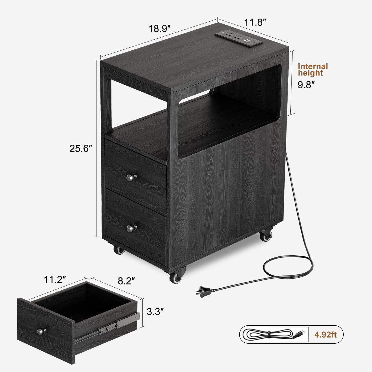 Narrow End Table with Charging Station and Wheels, Movable Narrow Sofa Side Table with USB Ports and Outlets for Small Space, Living Room, Bedroom and Office, Bedside with 4 Wheels (Black)