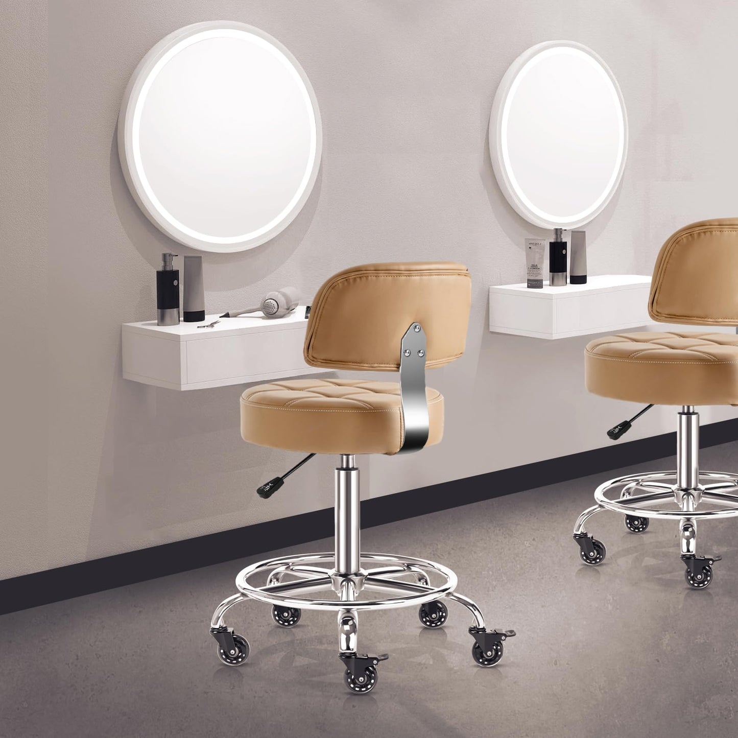 CoVibrant Lockable Stool with Back and Foot Rest Ergonomic Rolling Hydraulic Adjustable Stool for Doctor Esthetician Artist Home Small Office Desk (Camel, 19.5''-24.5'')