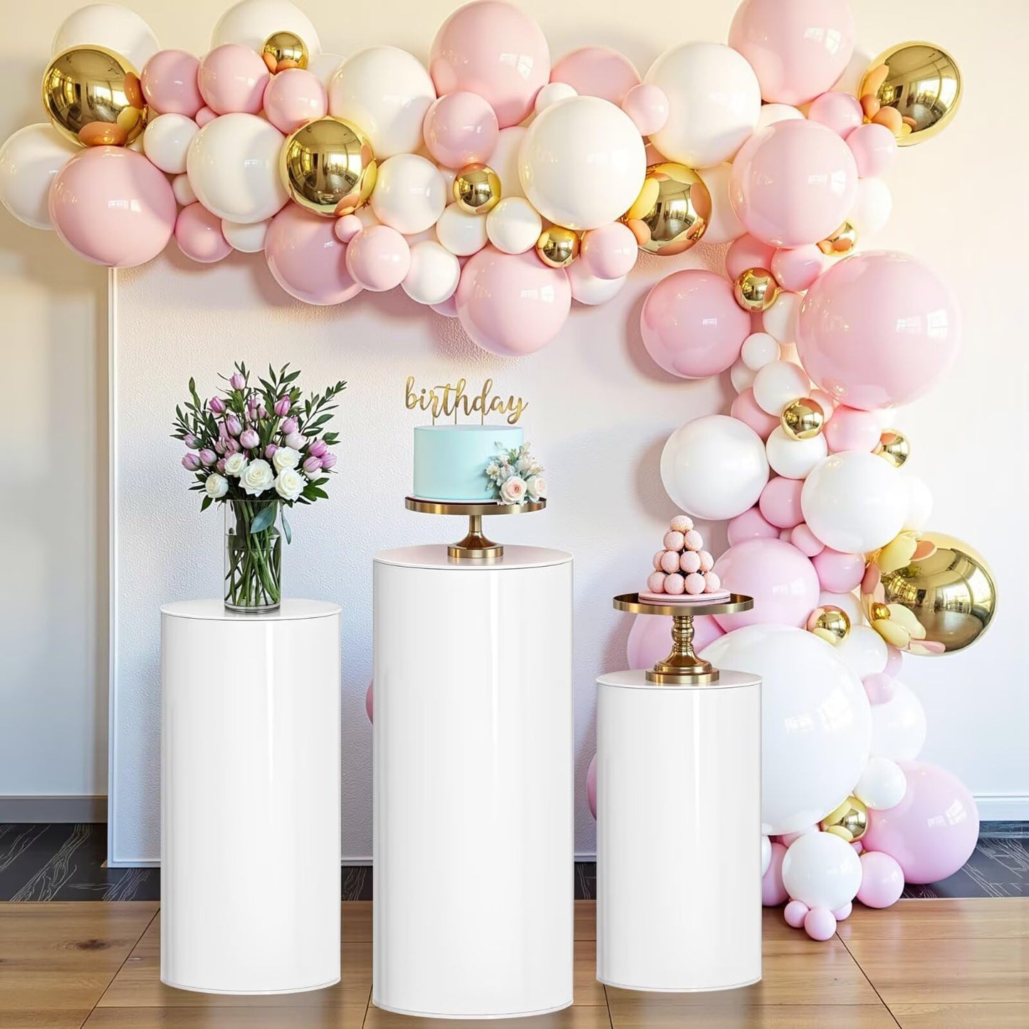 DOOMOOK 3Pcs White Cylinder Pedestal Stands, Thickened PVC Round Pedestal Display Plinth Pillars for Wedding Birthday Babyshower Decoration Art Decor