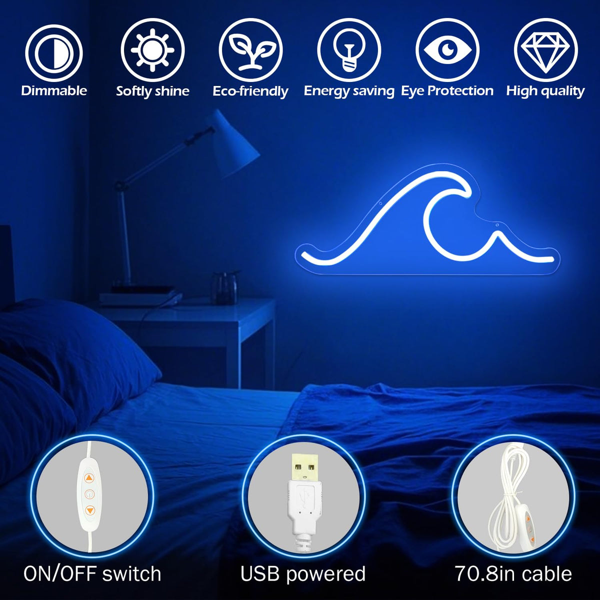 Ajoyferris Wave Neon Sign For Wall Decor Dimmable Led Neon Wave Sign Night Lights Led Wave Sign Ocean Neon Sign for Living Room Bedroom Office Bar Birthday Party Christmas Gift(16.5x7inch,Blue)