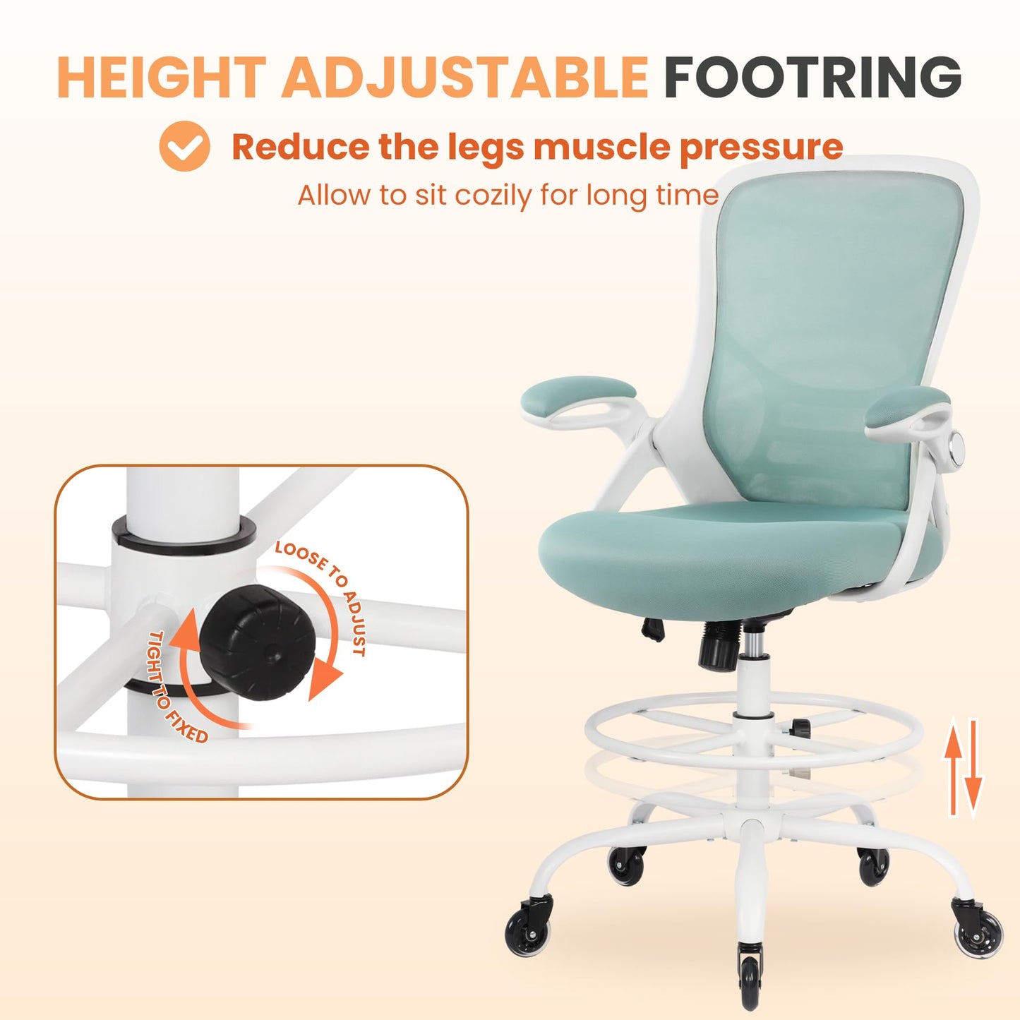 HYLONE Drafting Chair Tall Office, Ergonomic Standing Desk Stool Adjustable Drafting Chair Big Tall Drafting Office Chair Blue