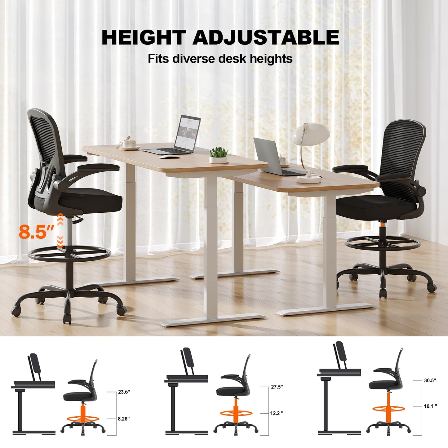 Synorla Ergonomic Drafting Chair, Tall Office Chair with Flip-up Armrests, Breathable Mesh High Desk Chair with Lumbar Support Adjustable Footrest Ring for Standing Desk Black