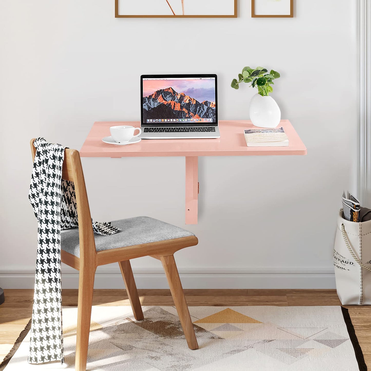 COSTWAY Wall Mounted Folding Table, 31.5" x 23.5" Drop-Leaf Floating Writing Desk for Small Spaces, Space-Saving Fold Down Laptop Workstation for Kitchen, Bedroom, Laundry Room, Study Room (Pink)