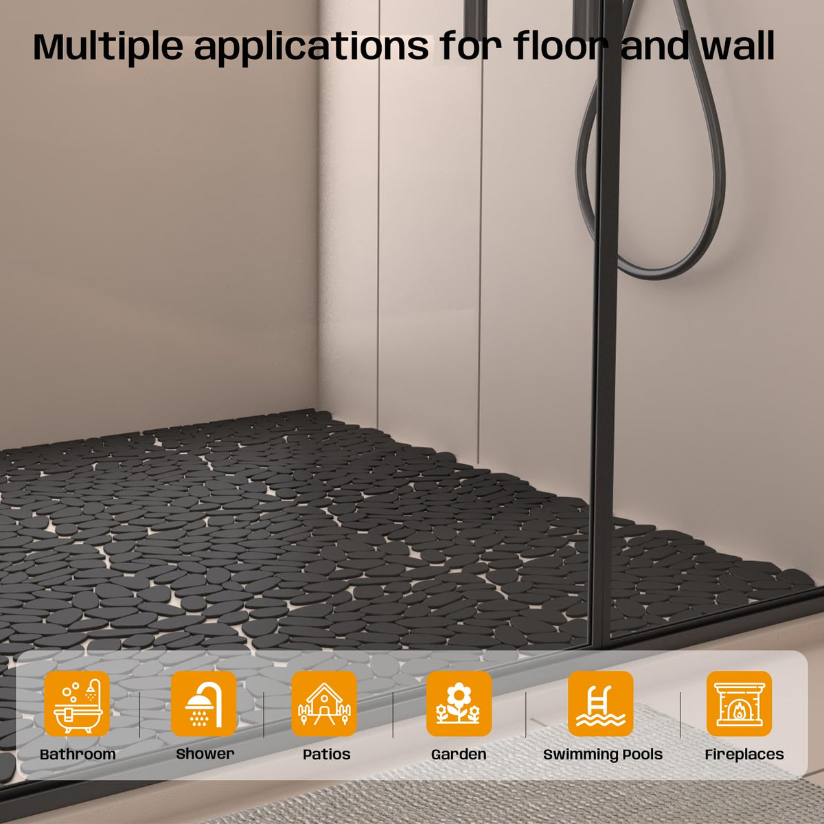 Adolif Pebble Tile for Shower Floor, Black Long Oval Pebble Mosaic Backsplash for Kitchen Bathroom Wall and Floor Tile and Outdoor Areas, 5 Sheets