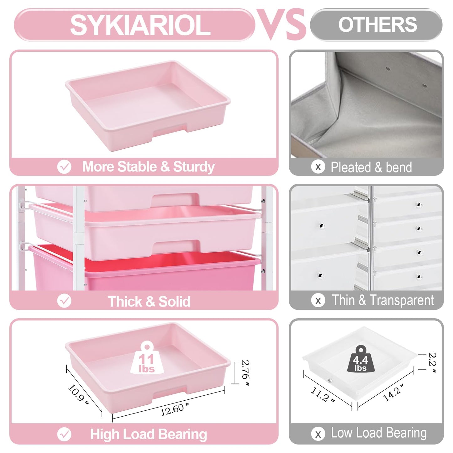 Rolling Cart with Drawers,Storage Cart with 8 Drawers and Wooden Tabletop,Utility Cart for Living Room,Classroom, Bedroom,Bathroom,Dorm,Office,Rose Pink