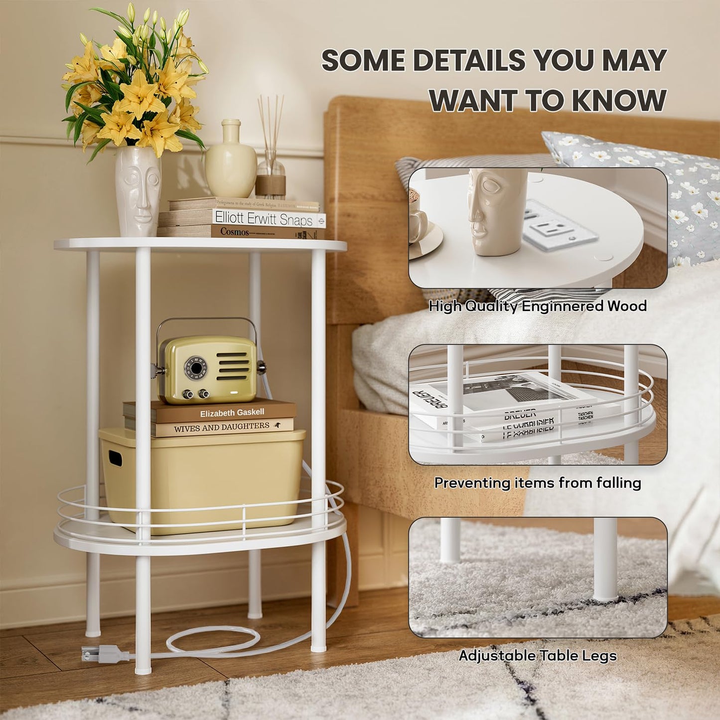 DGSANDGO White Side Table with Charging Station,Side Tables Living Room,Nightstand with USB Ports and Outlets,Samll End Table for Small Space,Living Room,Bedroom, Nursery,(1PC,White)