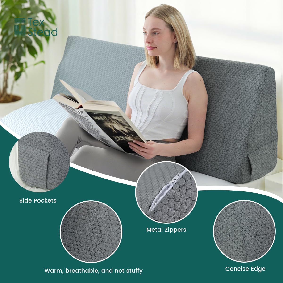 CHERRYARN King Size Headboard Wedge Pillow – Ergonomic Incline Foam Cushion for Back, Neck & Shoulder Support, High-Resilience Daybed Pillow with Washable Anti-Pilling Cover, Gray 76"x11.8"x19.68"