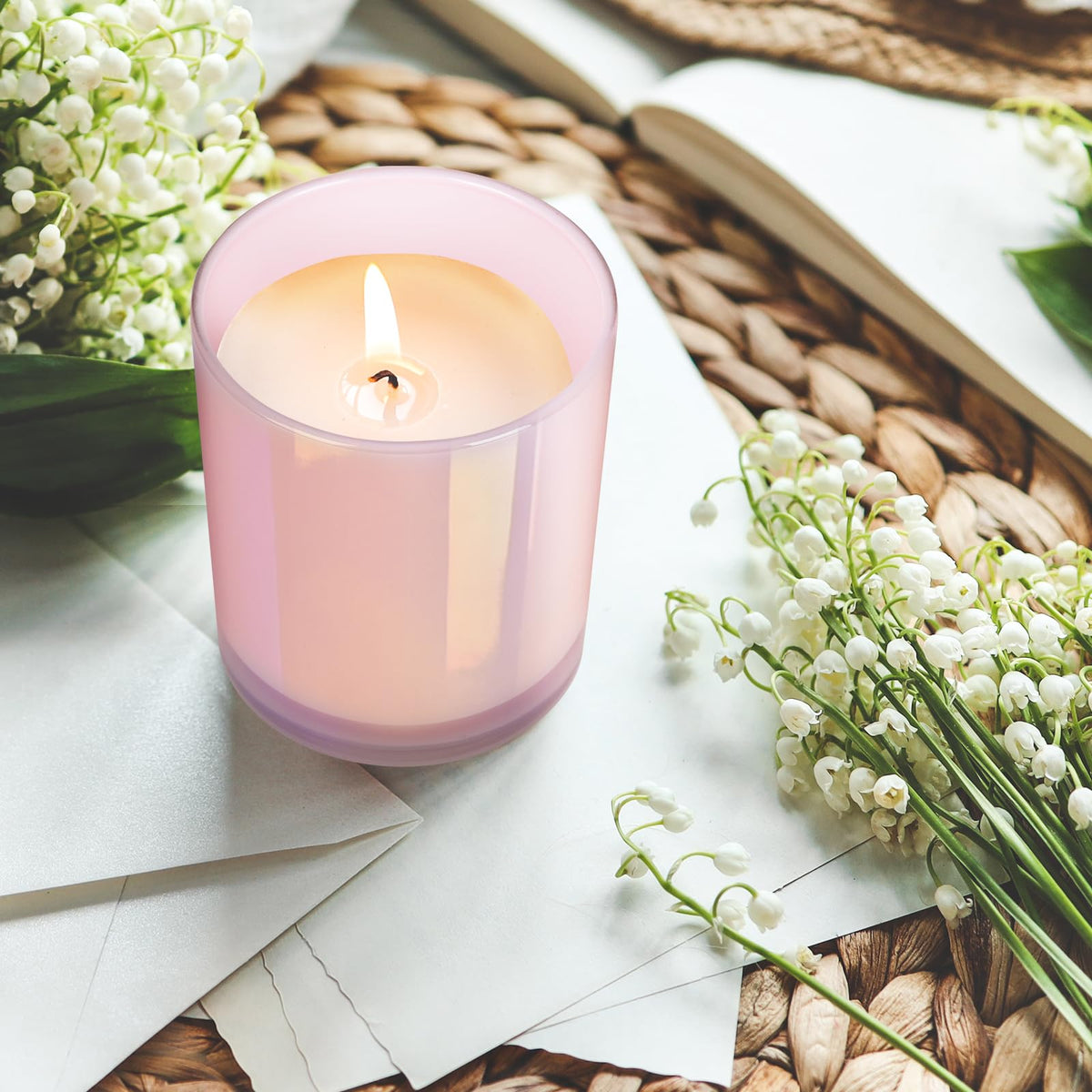 SHOWIN 10 OZ Thick Candle Jars for Making Candles 15 Pcs, Empty Jars with Wood Lids for Candle Making, Sample Container, Glitter Pink