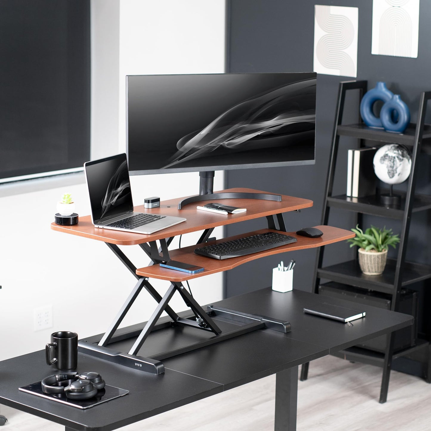 VIVO 42 inch Desk Converter, K Series, Height Adjustable Sit to Stand Riser, Dual Monitor and Laptop Workstation with Wide Keyboard Tray, Dark Walnut Top, Black Frame, DESK-V042KA