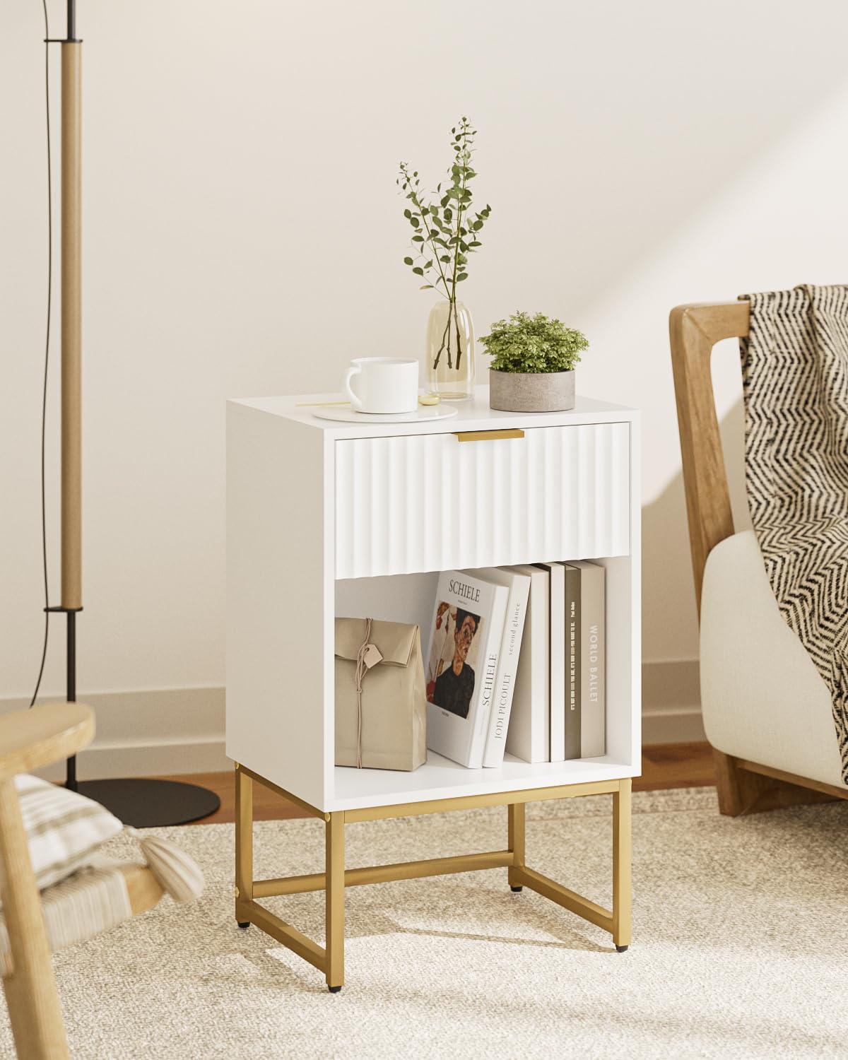 Masupu White Nightstand, Fluted Night Stand, Wood Bedside Table with Storage Drawer, Modern Side End Table for Bedroom, White