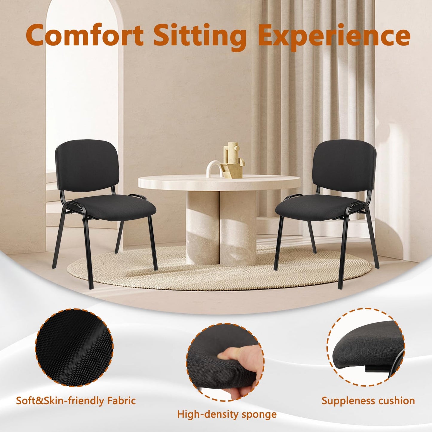 CLATINA Set of 10 Pack Stackable Waiting Room Chair Fabric Black Reception Chairs Metal with Thickened Seat Back Cushion for Waiting Conference Room Guest Chairs (10 Pack)