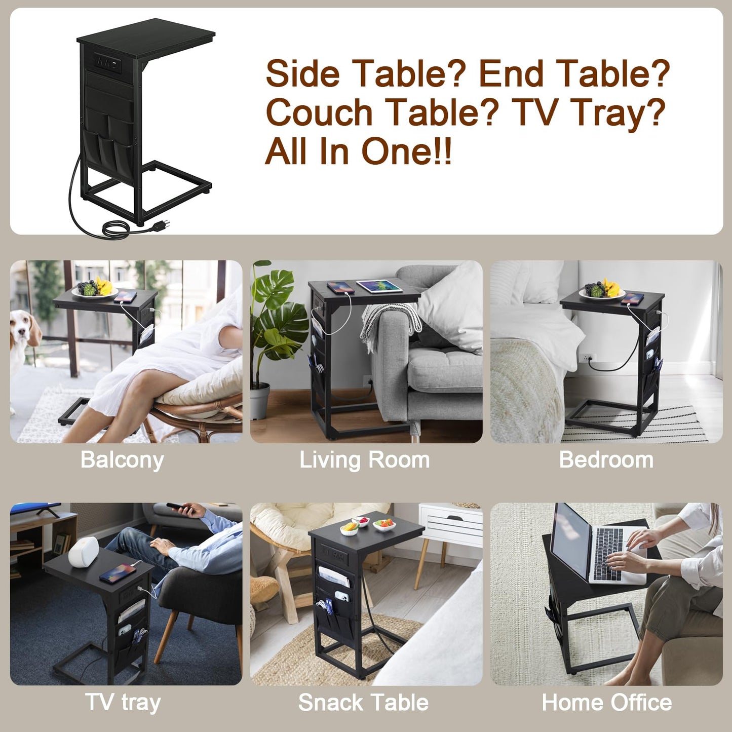 AMHANCIBLE C Shaped End Table with Charging Station, Couch Side Tables that Slide Under Sofa with Storage Bag, Slim TV Tray with USB Ports for Living Room, Bedroom, Black, HET04CBK