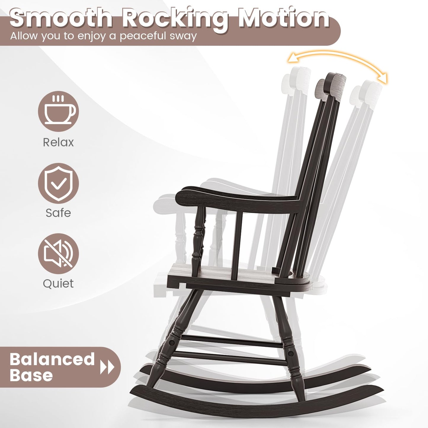Giantex Outdoor Wood Rocking Chair - Patio Rocking Chair with Solid Rubber Wood Frame, Slat Back, Outside & Indoor Rocker for Garden, Poolside, Balcony, Backyard, Lawn, Front Porch Rocker, Dark Coffee