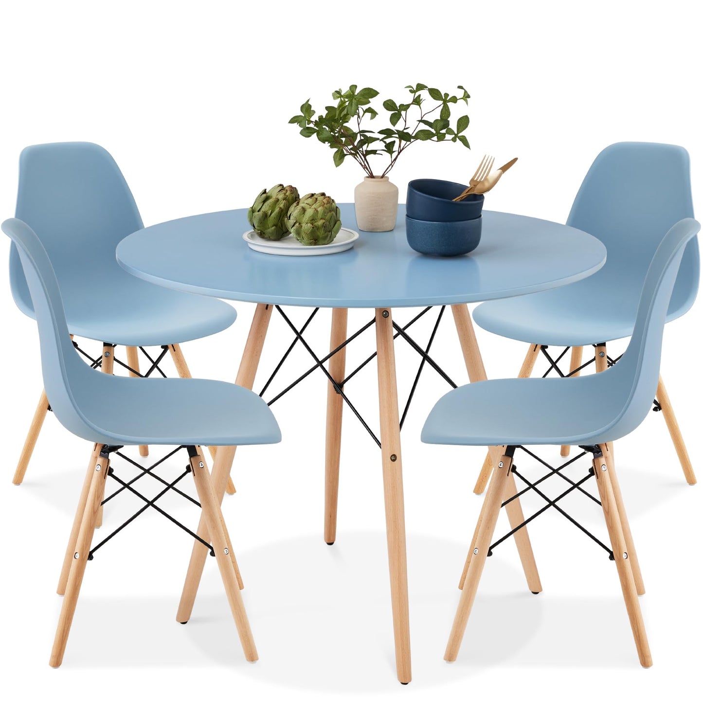 Best Choice Products 5-Piece Dining Set, Compact Mid-Century Modern Table & Chair Set for Home, Apartment w/ 4 Chairs, Plastic Seats, Wooden Legs, Metal Frame - Blue/Oak