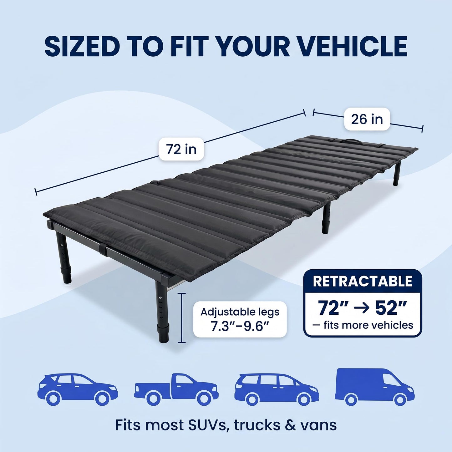 hazli Portable Car Bed for SUV Camping - Padded Sleeping Platform, Retractable 52"–72" to Fit More Vehicles, Adjustable Legs, 5-Minute Tool-Free Setup