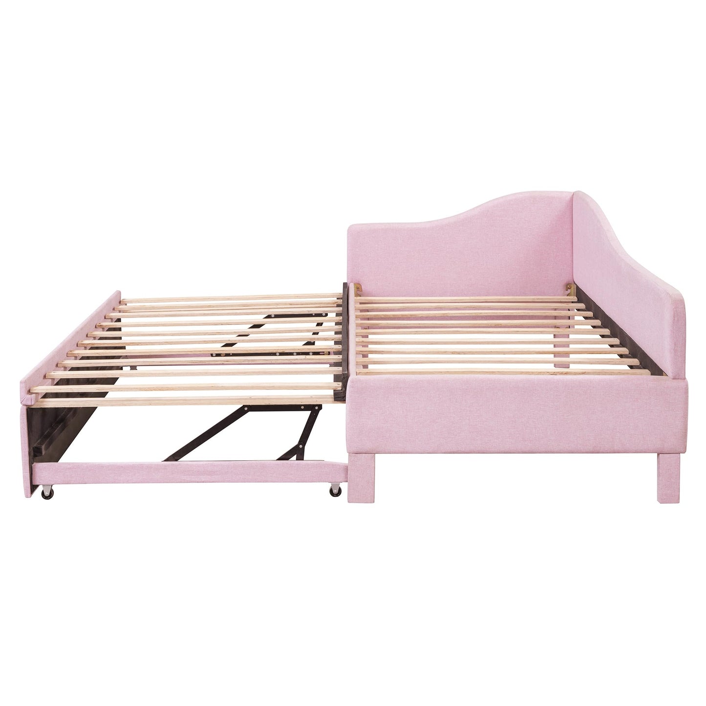 KOYVRY Day Bed with Pop Up Trundle Bed Twin - Upholstered Daybed with L-Shaped Guardrail, Wooden Slats and Wheels, Daybed Couch for Guest Room, No Box Spring Required (Pink)