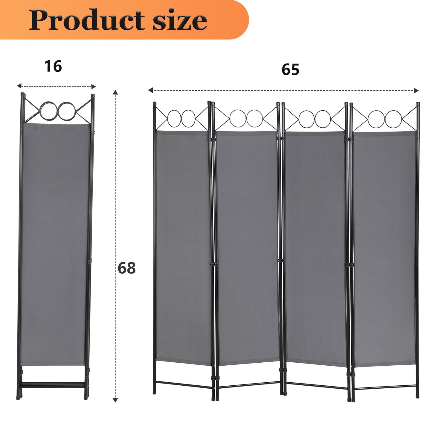 4 Panel Room Divider 6FT Steel Frame Screen Folding Privacy Divider Freestanding Partition for Home Office Bedroom,Light Grey