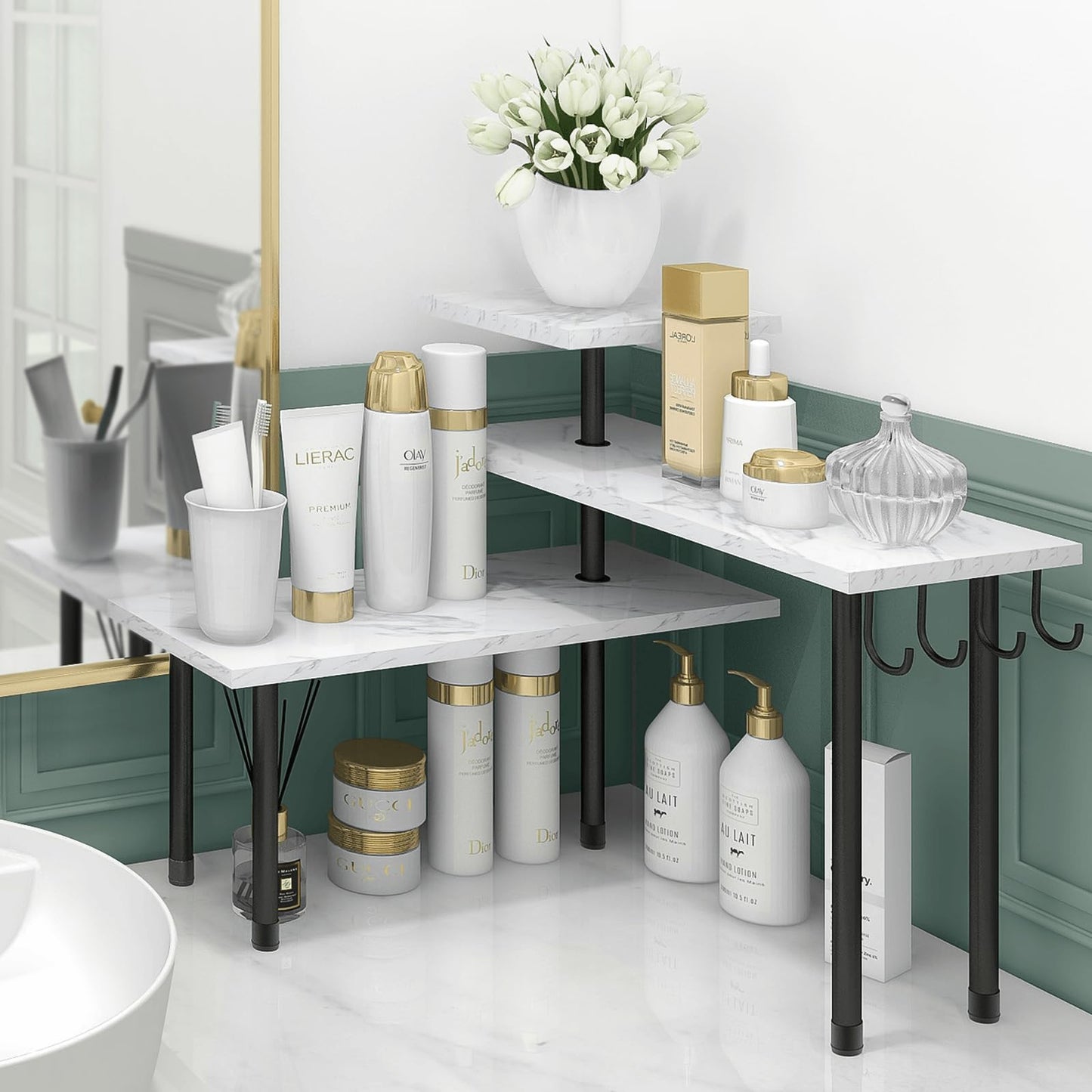 Homode Bathroom Counter Corner Shelf, 3 Tier Kitchen Countertop Organizer for Over The Sink, Make Up, Dresser Table, White Marble