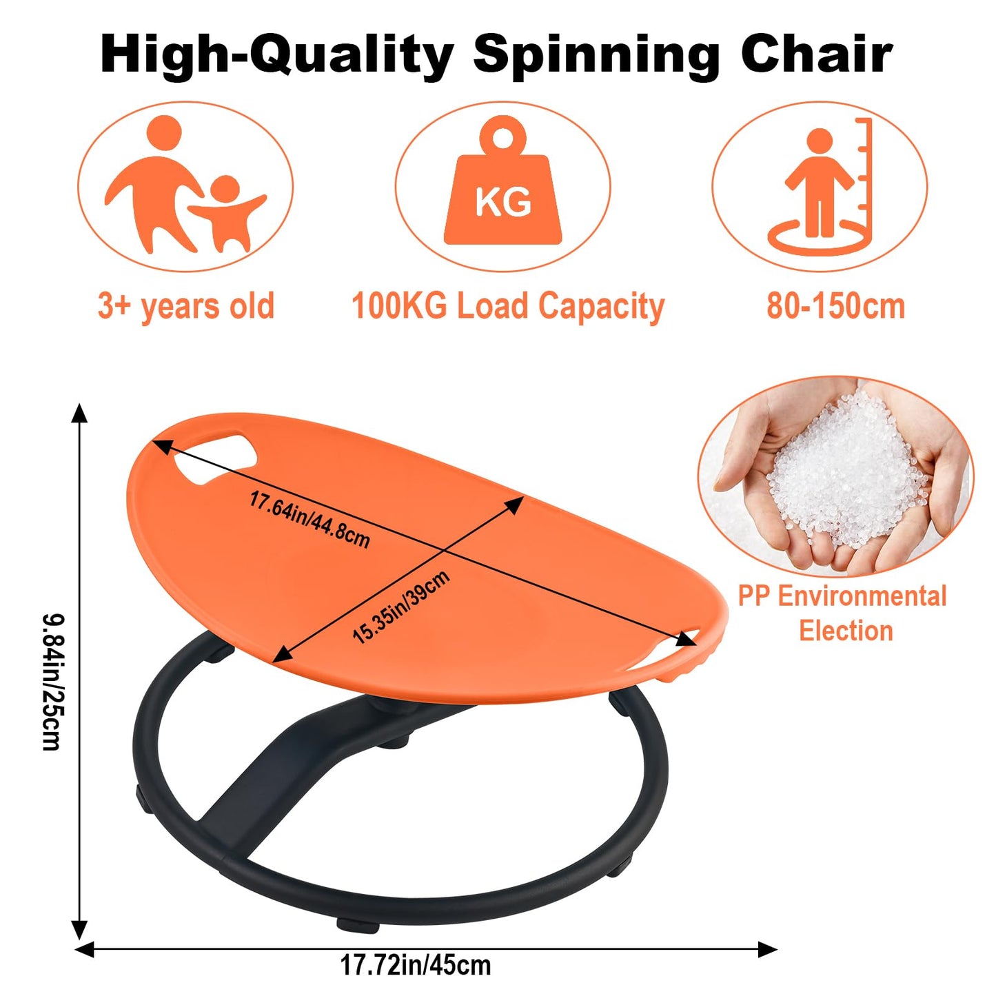 Casuenia Spinning Chair for Autistic Kids, Sensory Swivel Chair with Safety Handles, 220LBS Weight Capacity, Spinning Toy for Kids Autism & ADHD Age 3+, Sensory Product for Body Balance (Orange)