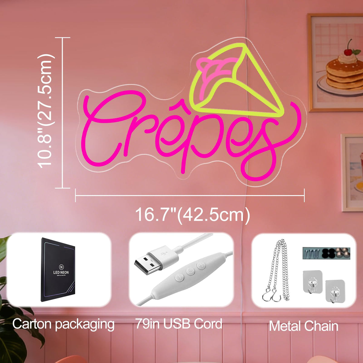 French Crepes Neon Sign, LED Neon Sign Wall Decor for Dessert Café Bakery Kitchen, Food Neon Signs for Wall Decor Gift for Crepe Lovers 16.7” × 10.8”
