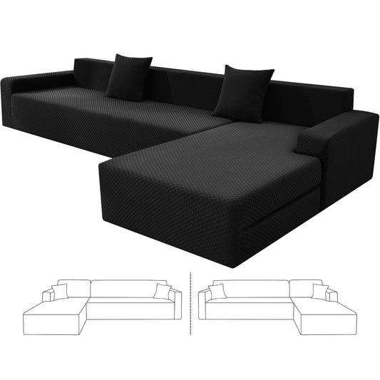 ZNSAYOTX Sectional Couch Covers, Stretch Jacquard Slipcovers with Elastic Bottom for L-Shape Sectional Sofa, 2 Pcs Pet Friendly Modular Sofa Protector (3 Seat Couch + 3 Seat Chaise, Black)