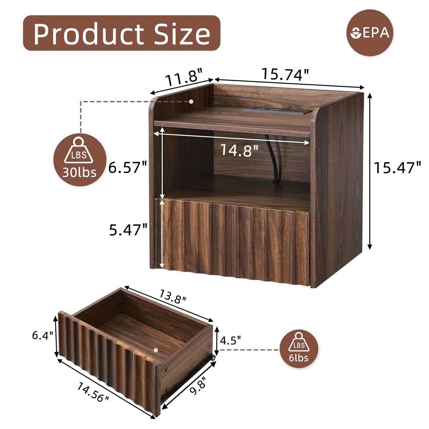 BuildHom Modern Fluted Floating Nightstand Wall Mounted - Bedside Table with Storage Drawer & Display Shelf, Minimalist Bedroom Furniture for Studio Apartments(Walnut)