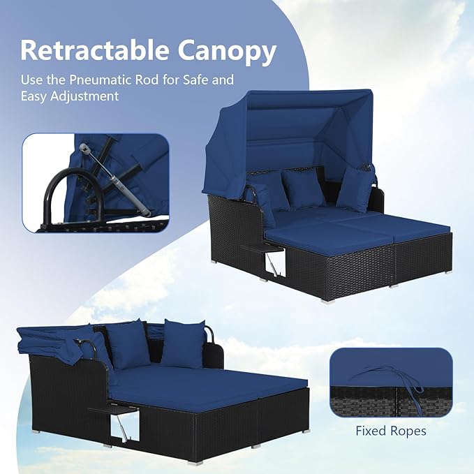 COSTWAY Outdoor Daybed with Retractable Canopy, Wicker Patio Furniture Set with