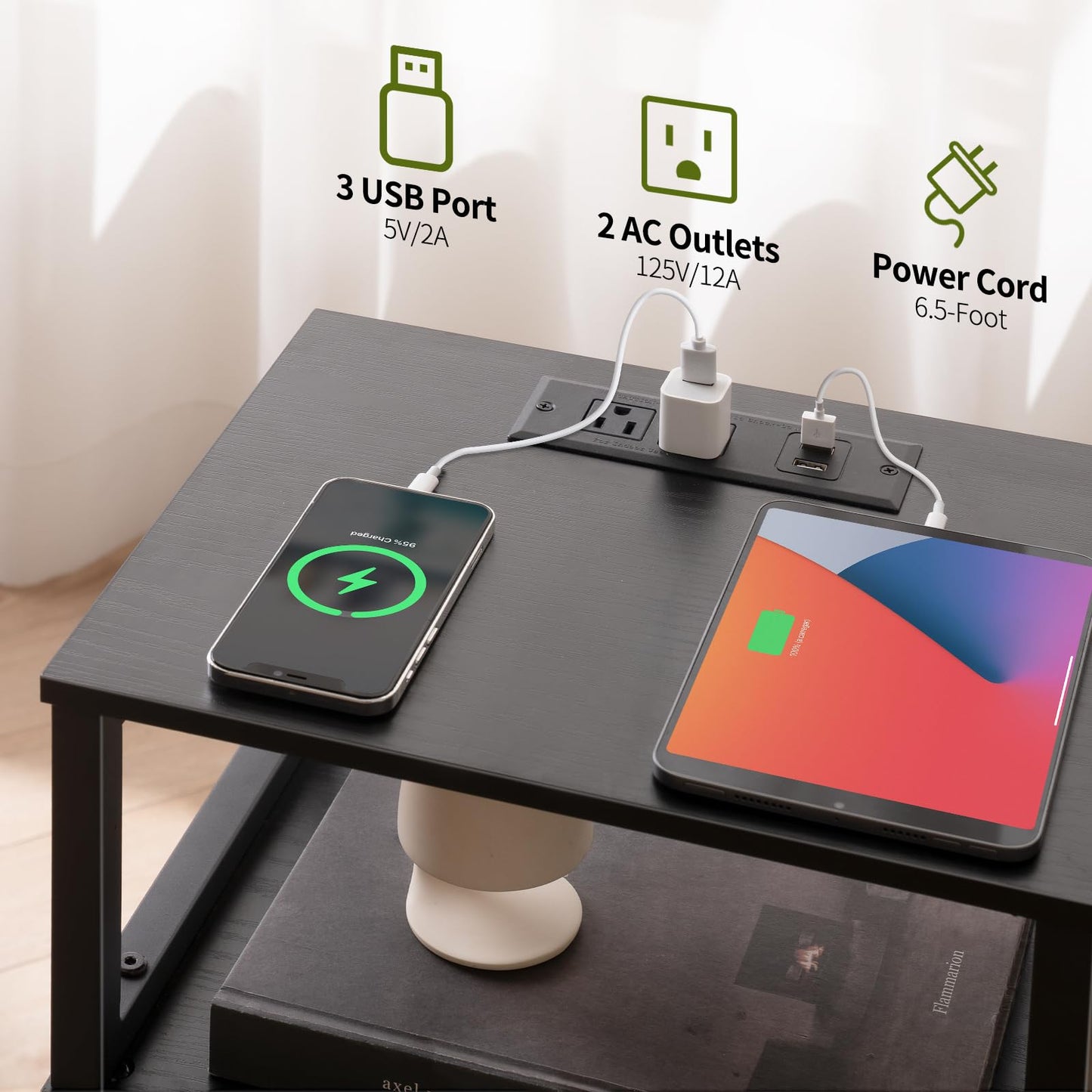 Yoobure Farmhouse NightStand with Charging Station，Wood Night Stand End with USB Ports, LED Bed Side Table with Storage Cabinet，Bedside Table for Bedroom, Living Room Black