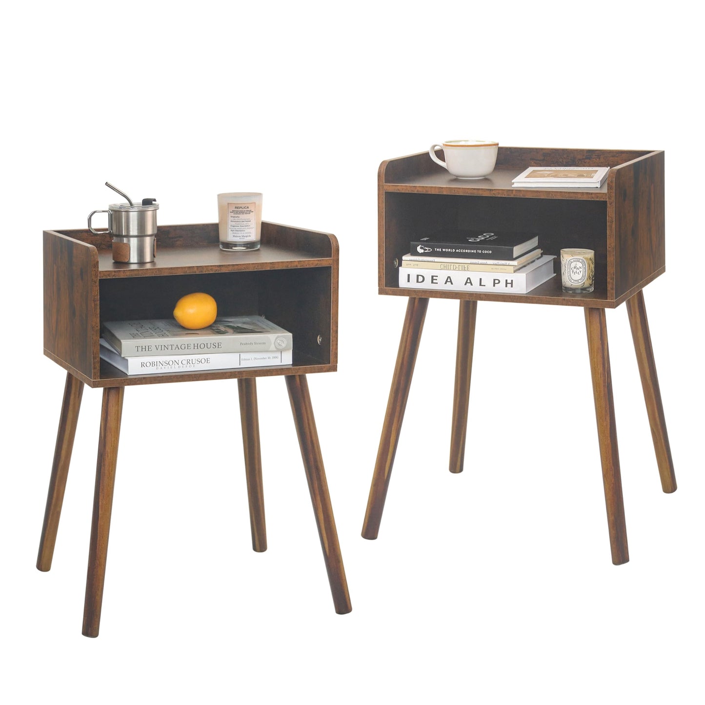 MaxSmeo Night Stand Set 2, Mid Century Modern Side Table Bedroom with Storage, Small End Bedside Table Set of 2 with Solid Wood Legs for Living Room, Office Small Spaces (Rustic Brown)