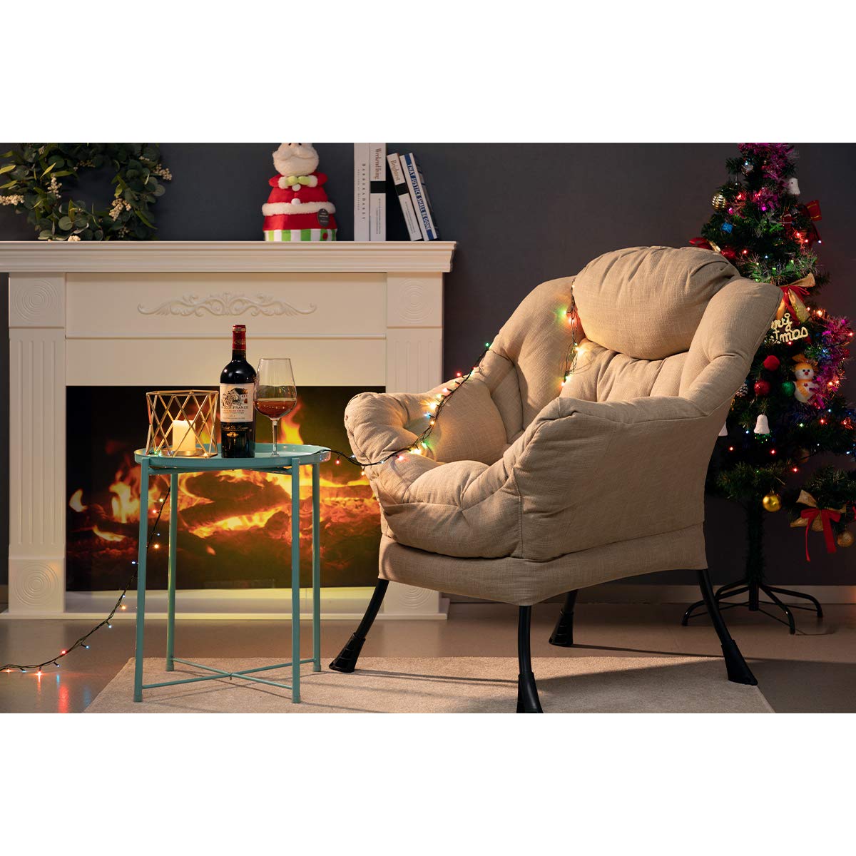 HollyHOME Lazy Chair with Armrest and Side Pocket, Comfy Accent Lounge Chair,Leisure Sofa Armchair for Living Room, Bedroom, Dorm, or Small Spaces, Oversized Reading Sofa Chair,Cotton-Linen Tan