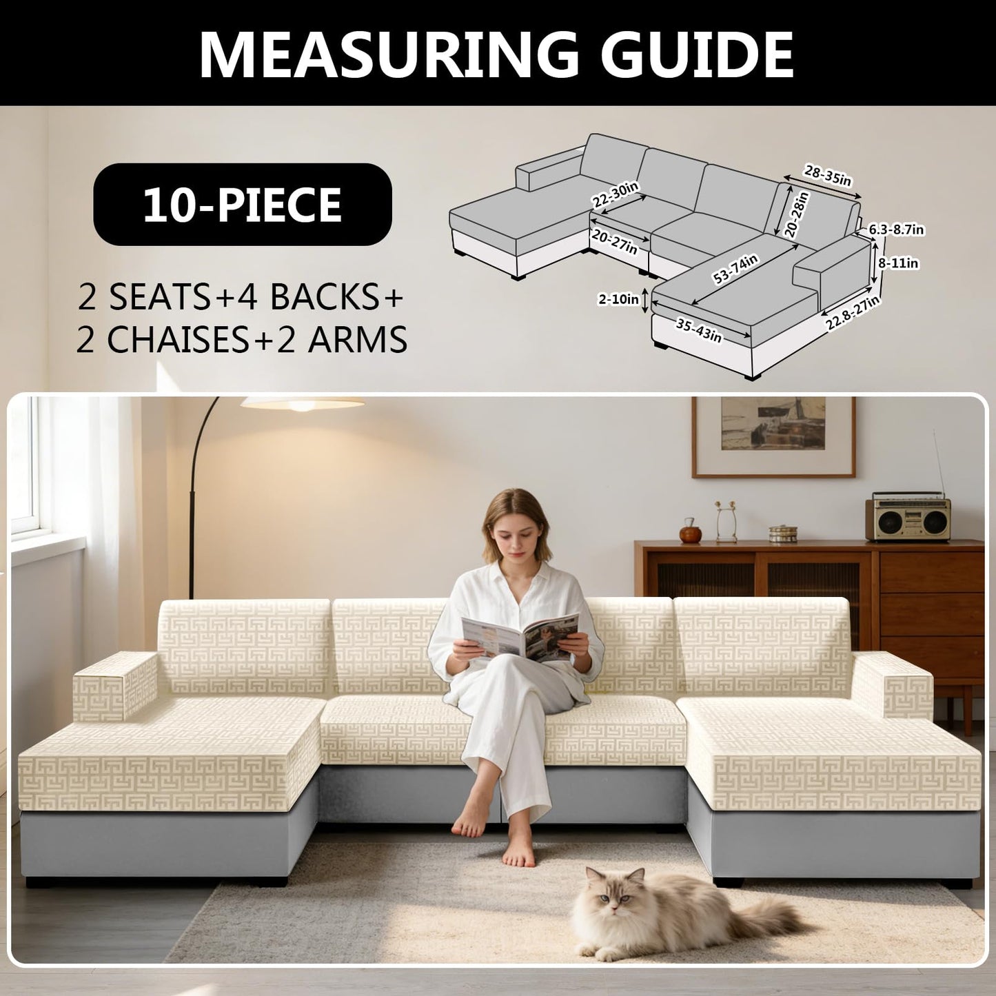 UNBBRRL 10 Pieces Stretch Sofa Cushion Covers for U-Shaped Modular Sectional Couch with 4 Seats+4 Backs+2 Arms, Upholstered Covers for Sofa Bed with Deep Double Chaise (Beige,10 Pieces Set)