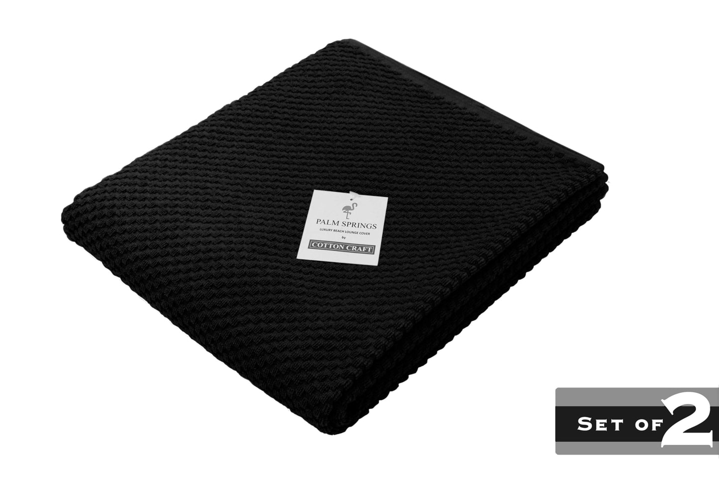 COTTON CRAFT Pool Lounge Chair Cover - 2 Pack Euro Spa Waffle Weave Chaise Lounge Cover - 100% Cotton Ringspun Terry Towel - Beach Chair Cover - Oversized 32 in W x 82 in Length x 7 in Pocket – Black