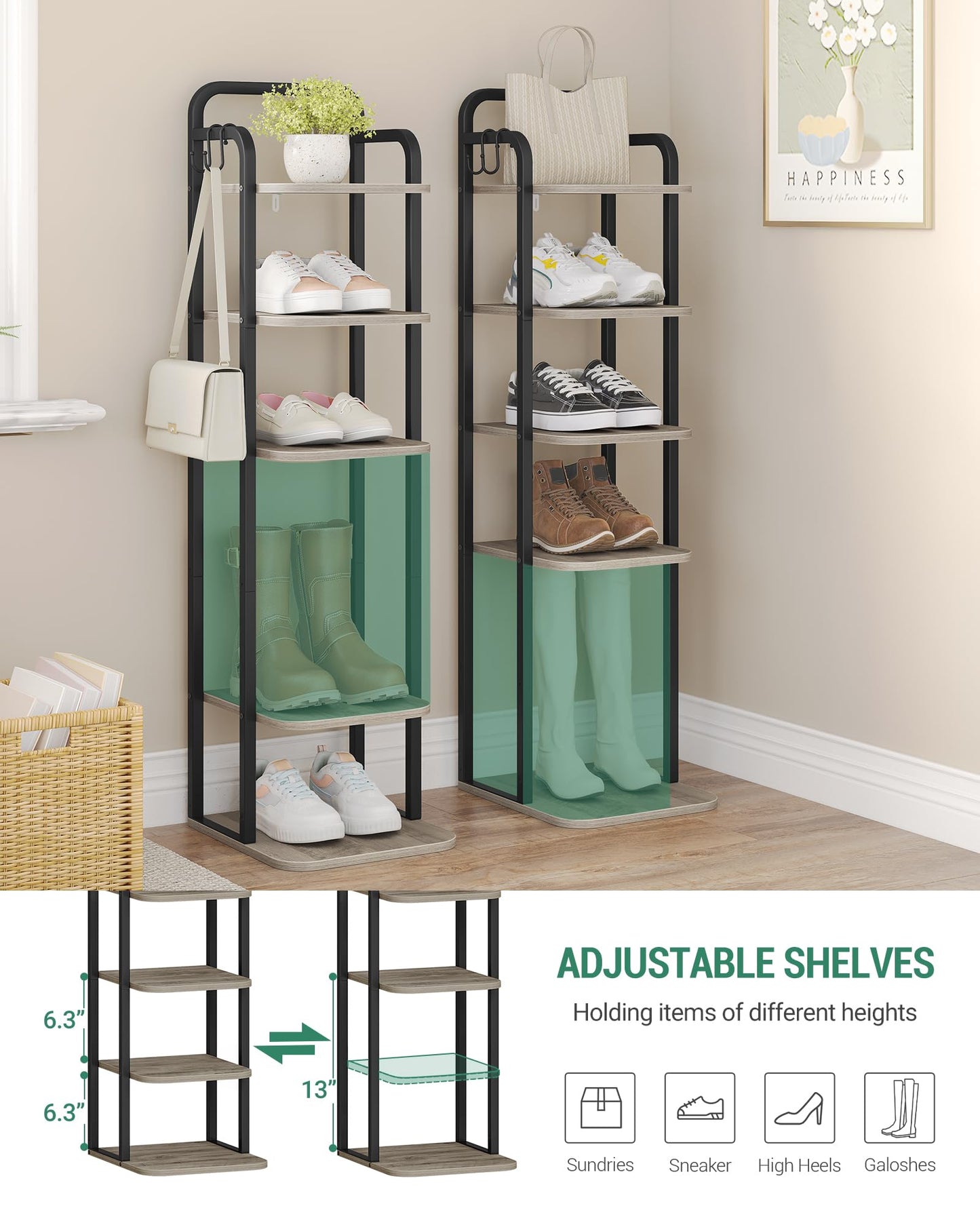 Hzuaneri 6 Tiers Vertical Shoe Rack, Narrow Shoe Tower, Tall Shoes Shelf with 2 Hooks, Adjustable Shelves, Corner Shoes Shelves for Small Spaces, Entryway, Living Room, Greige, SR04205B