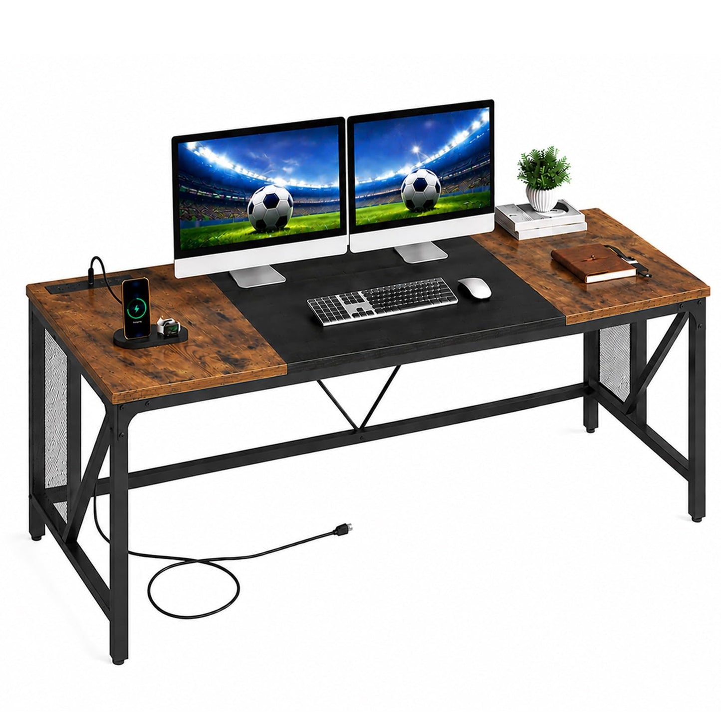 YATINEY 63" Computer Desk with Power Outlets, Gaming Desk, Large Office Executive Desk Workstation, Business Furniture for Home Office, Study, Rustic Brown and Black DN16UBR