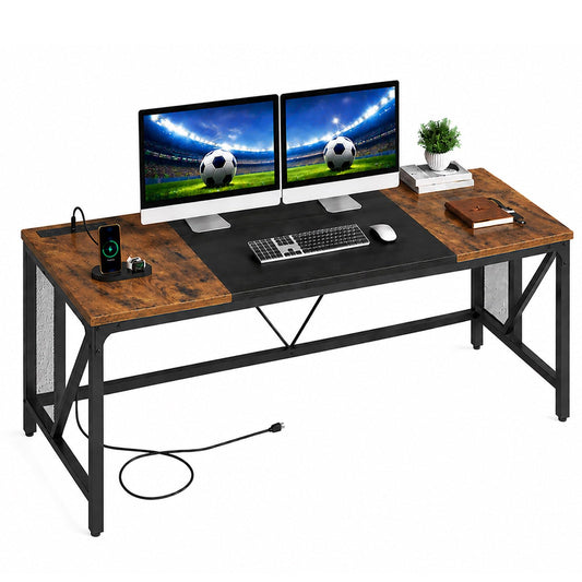 YATINEY 63" Computer Desk with Power Outlets, Gaming Desk, Large Office Executive Desk Workstation, Business Furniture for Home Office, Study, Rustic Brown and Black DN16UBR