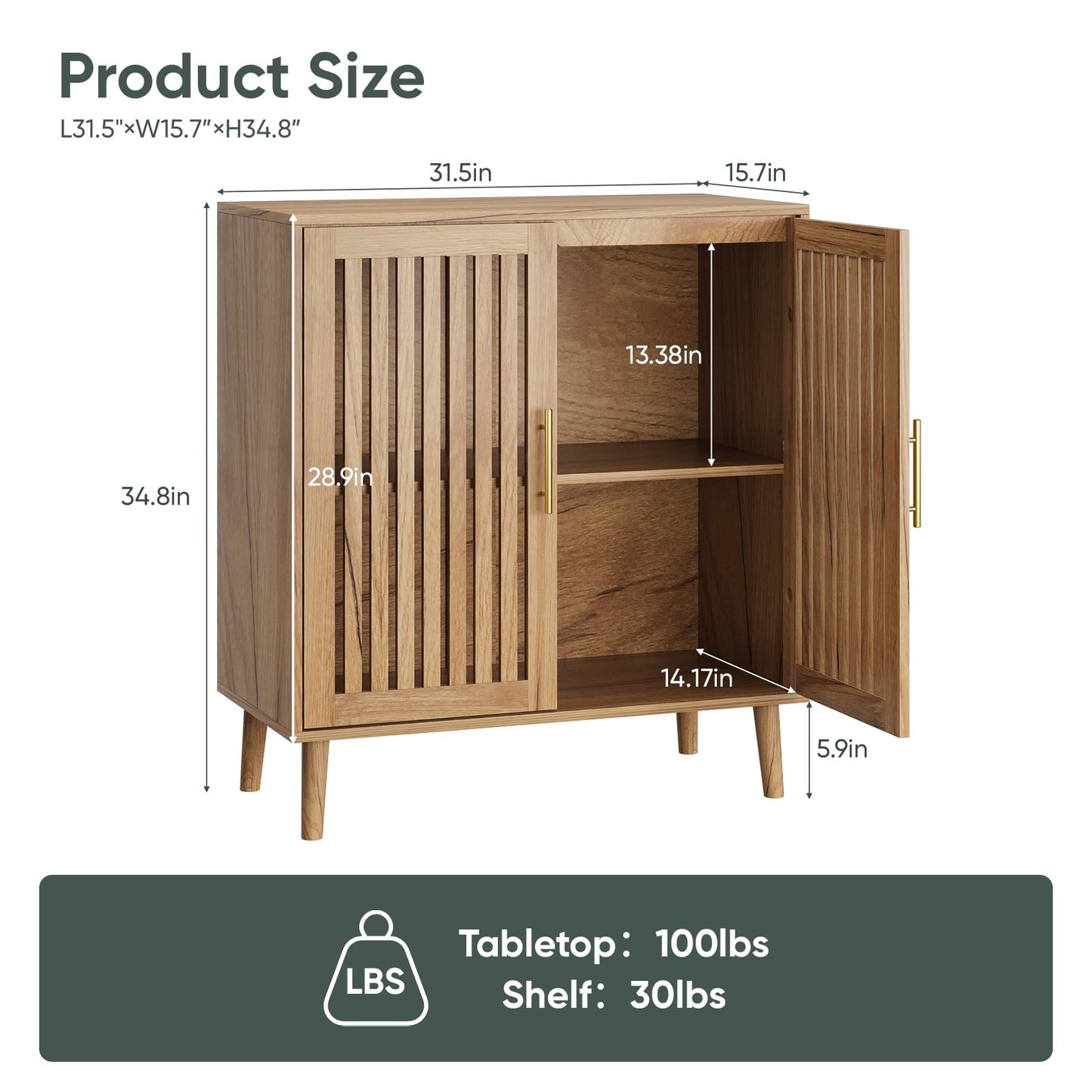 Smart FENDEE Sideboard Cabinet, 31.5" W Farmhouse Buffet Cabinet with Slatted Doors & Adjustable Shelf, Wooden Coffee Bar Storage Station for Kitchen, Dining Room, Living Room, Entryway, Natural